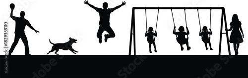 Playground silhouette scene, children swinging, dog running, joyful jump, outdoor activity, family fun, black illustration, public space, flat vector