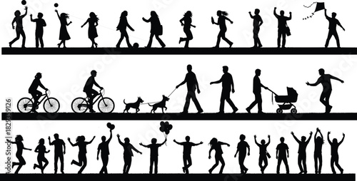 Silhouette people outdoor activity, walking, biking, dancing, playing, celebrating, public space, leisure lifestyle, black illustration, community interaction, flat vector