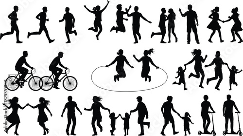Outdoor activity silhouette, children and adults, running, dancing, cycling, skipping rope, family fun, healthy lifestyle, black illustration, flat vector