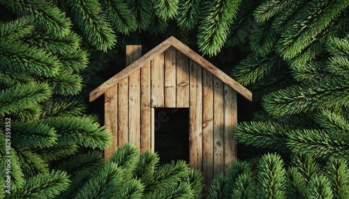 Wooden house nestled in lush green evergreen forest, natures embrace.