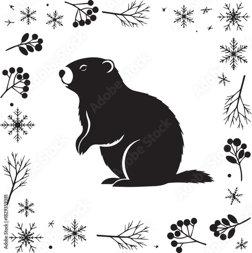 Black silhouette of a groundhog surrounded by wintery botanical elements and snowflakes