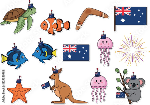 Australia Day Stickers Sea Life, Koala, Kangaroo & Flags for Celebration