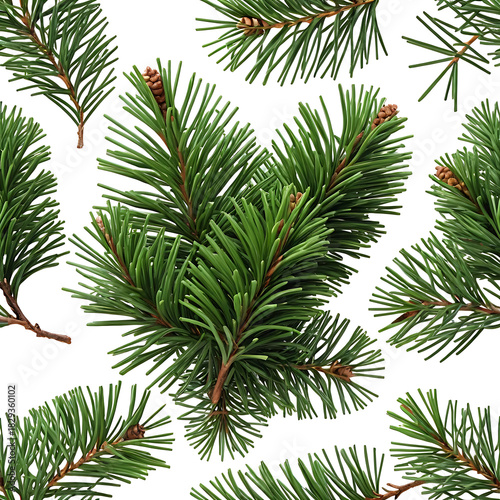 branches of fir Seamless Pattern of Green Pine Branches on White Background