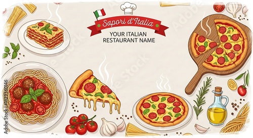 Delicious Italian Restaurant Menu with Pizza Lasagna and Spaghetti.