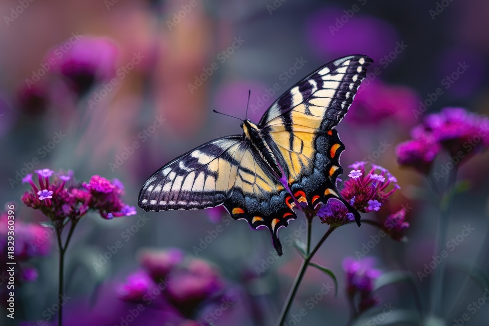 Fototapeta premium Vivid butterfly with intricate patterns rests on a cluster of purple flowers