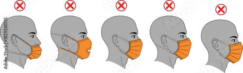 Incorrect face mask usage, wrong wearing styles, health safety mistake, public awareness, mask position error, black illustration, prevention concept, flat vector