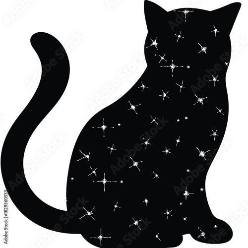 Silhouette of a black cat with stars on its body, , creating a celestial and mysterious atmosphere