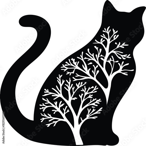 Silhouette of a black cat with a white tree inside, creating a striking contrast and a natureinspired design element