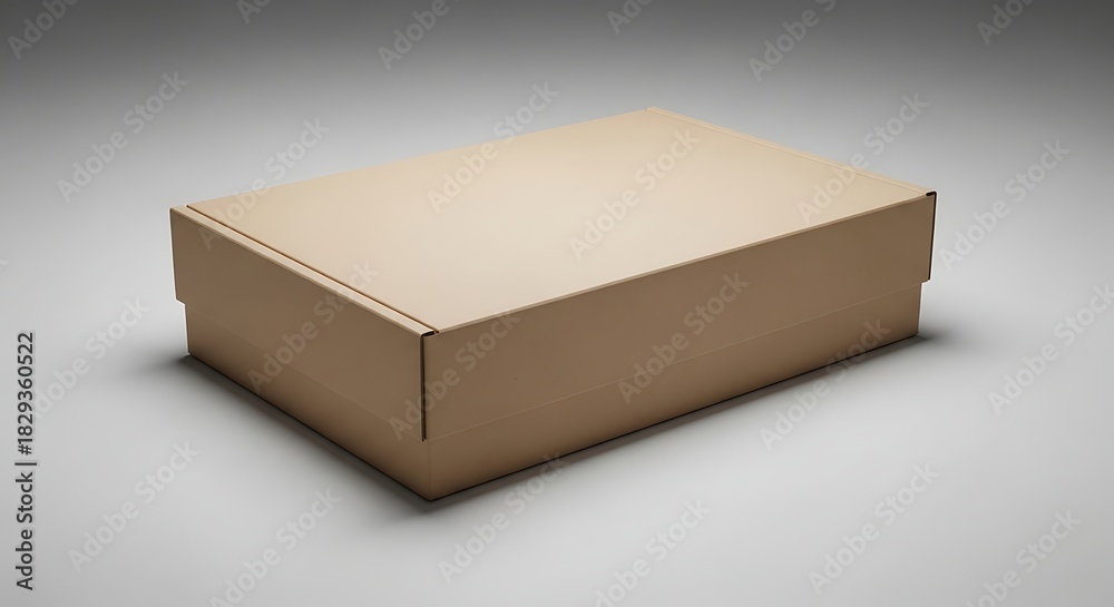 Naklejka premium A rectangular, closed, cardboard box sits on a white surface with a soft, diffused light casting subtle shadows.