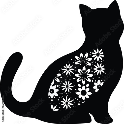 Silhouette of a black cat filled with white flowers, , creating a striking contrast and elegant design