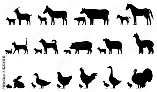 farm animals silhouettes vector set collection