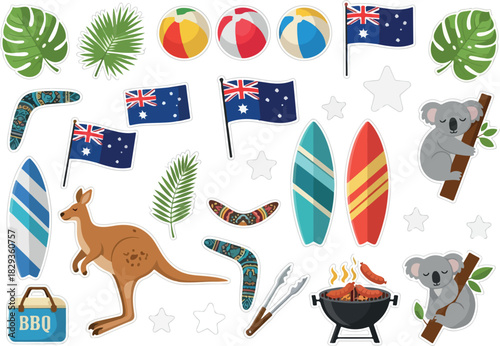 Australian Summer Icons Kangaroo, Surfboards, BBQ, Beach Balls, and National Flags