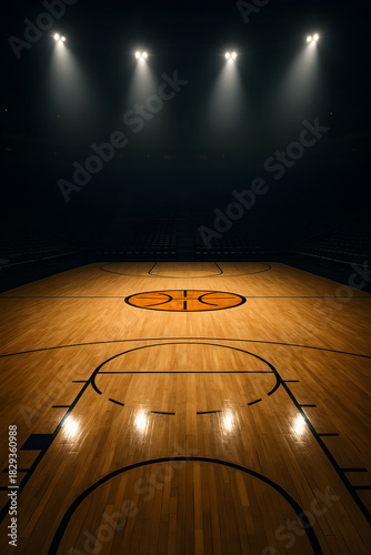 Dramatic view of an empty basketball court in a dark arena, with bright spotlights highlighting the polished wooden floor, perfect for sports event promotions and athletic backgrounds.