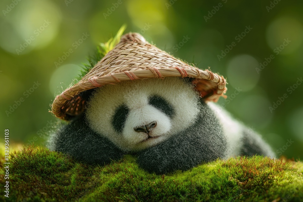 custom made wallpaper toronto digitalA cute panda, wearing a straw hat, peacefully sleeps on mossy ground