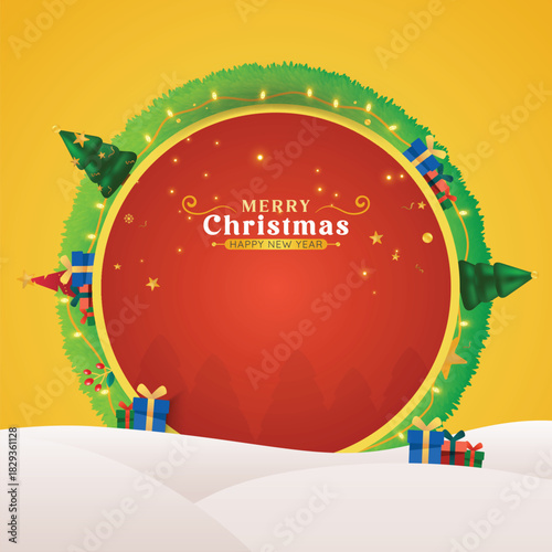 Christmas greeting card vector poster. Merry christmas and happy new year greeting text.  xmas pine tree elements
