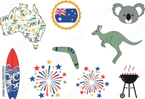 Icon Set of Australian Symbols Map, Flag, Kangaroo, Surfboard & More