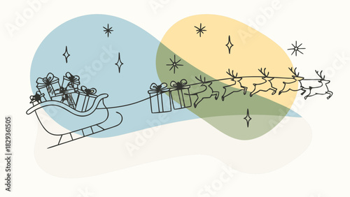 Charming vector illustration of Santa Claus in a golden sleigh pulled by reindeer flying across a moonlit starry sky over a snowy pine forest with gifts — festive Christmas landscape background banner