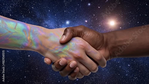Interstellar handshake between two hands one with iridescent swirls and another dark-skinned against a starry night sky