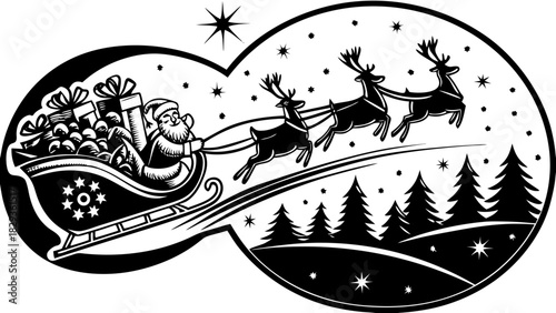 Charming vector illustration of Santa Claus in a golden sleigh pulled by reindeer flying across a moonlit starry sky over a snowy pine forest with gifts — festive Christmas landscape background banner