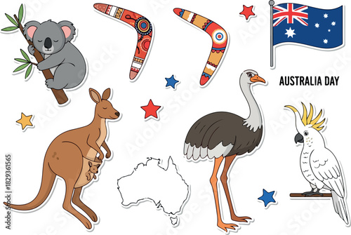 Australia Day Celebration Koala, Kangaroo, Emu, Cockatoo & Flag
