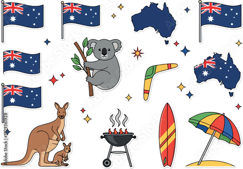 Australia themed sticker sheet featuring iconic Australian symbols
