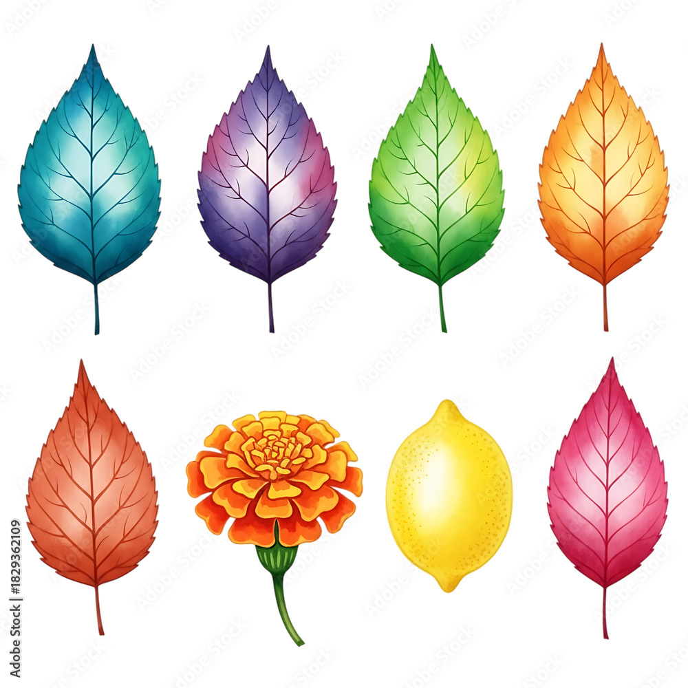 Obraz premium Colorful autumn leaves, marigold flower, and lemon isolated on transparent background