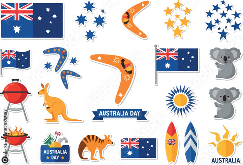 Vibrant Australian Icons Boomerangs, Kangaroos, and Flags for Celebratory Designs