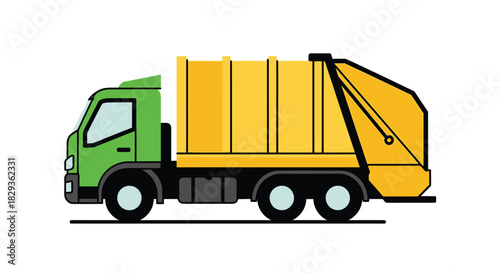 A colorful illustration of a garbage truck with a lifting mechanism