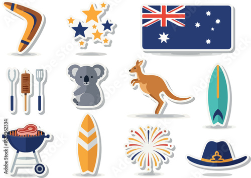Colorful Stickers Depicting Iconic Australian Symbols and National Identity