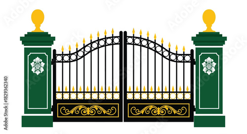 Ornate black wrought iron gates with green pillars and gold accents