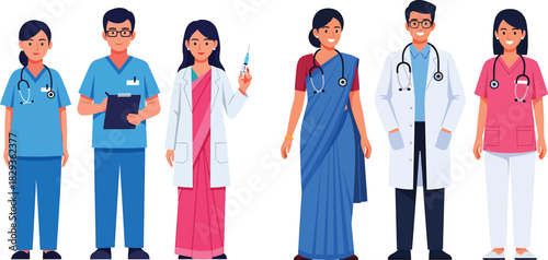 Diverse Indian Doctors and Nurses in Traditional and Modern Medical Attire Illustration.