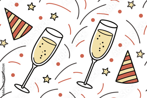seamless pattern with champagne glasses and confetti