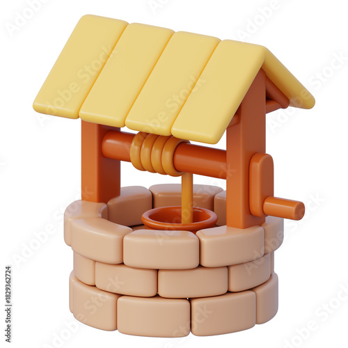 3d wishing water well with wooden crank stone walls bucket and angled roof for manual water pulling