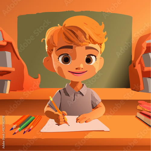 A cheerful young boy with blond hair intently drawing with a pencil on a white sheet of paper at a desk, surrounded by school supplies like colorful crayons