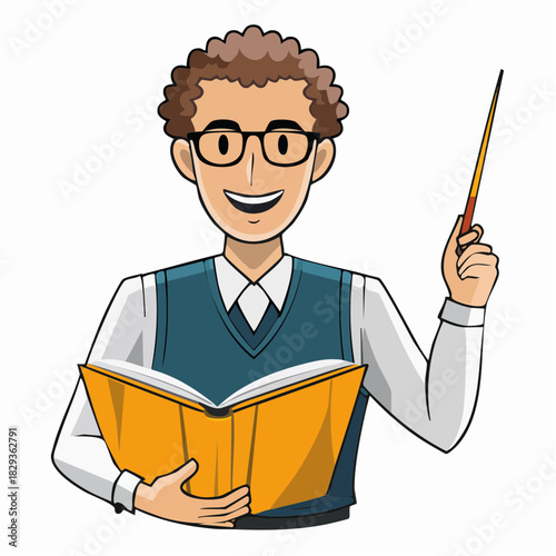 Illustration of a cheerful, smiling male teacher wearing glasses and holding an open book in one hand and a pointer stick in the other, conveying a sense of education and knowledge sharing