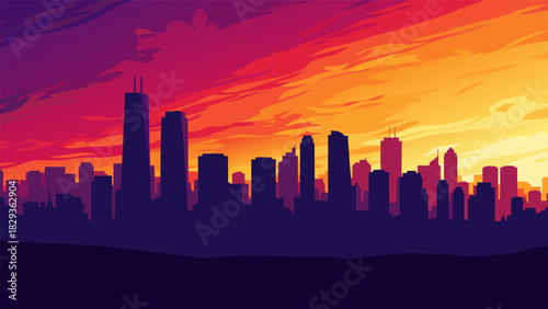 Chicago Skyline Silhouette A Dramatic Sunset View with Skyscrapers and Cityscape