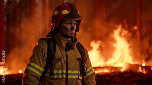 Firefighter In Protective Gear Standing Against Intense Forest Fire And Smoke At Dusk With Orange Glow