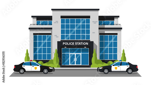 Modern police station building with two patrol cars, a vector illustration for law and order concepts. 33