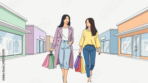 Two stylish young women friends walking and talking on a shopping trip, carrying bags past retail storefronts in a city illustration