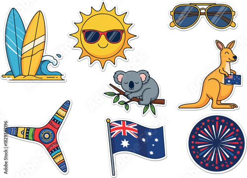Australian Summer Vibrant Stickers Featuring Iconic Symbols of Australia