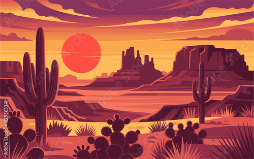 Stylized desert landscape vector at golden hour with crimson sun, mesas, cacti, and dramatic twilight sky. Warm gradients of orange, coral, and purple create a sweeping scenic view.