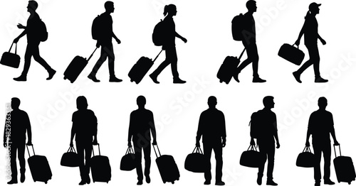 Traveler silhouette collection, people with luggage, walking and standing poses, airport mobility icons, cad drawing flat vector illustration