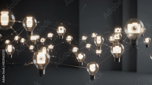 Connected Ideas Network Glowing Light Bulbs with Icons of Photography Music Film and Data on Dark Background