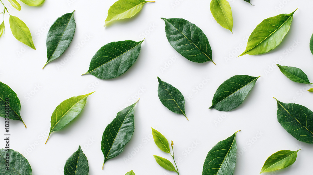 Naklejka premium Scattered fresh green leaves on a white surface creating a natural and clean pattern