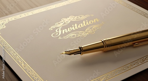 Elegant Invitation Card with Golden Pen for Special Occasion.