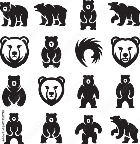 Collection of Black Bear Silhouettes Vector Illustration for Design Elements