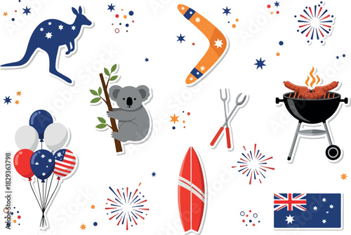 Celebratory Australian Holiday Icons with Kangaroo, Koala, Barbecue and Australian Flag