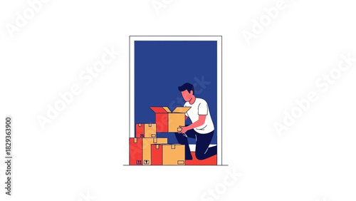 Man unpacking moving boxes in new home, settling in, ready for new beginnings, home delivery, relocation services, smooth transition, modern, professional