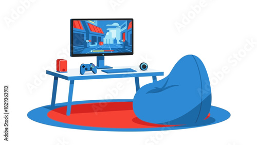 Immersive gaming setup with vibrant monitor display, comfortable beanbag chair, and sleek console controller for engaging at-home entertainment experiences
