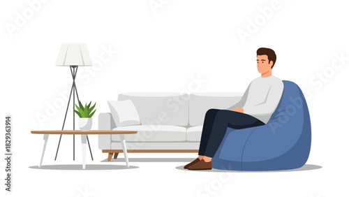 Modern living space with relaxed man seated in stylish blue beanbag chair, bright interior design promoting comfort and sophisticated leisure lifestyle